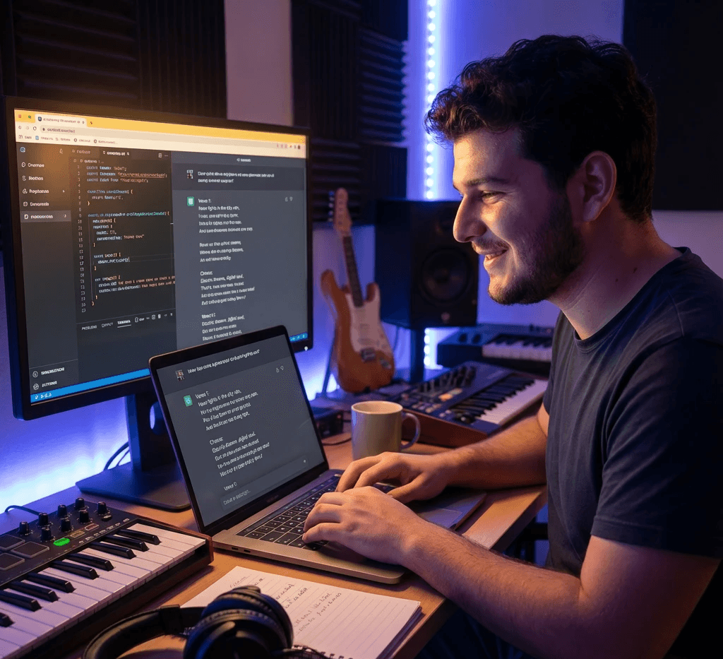 Music producer sitting on a chair in his studio