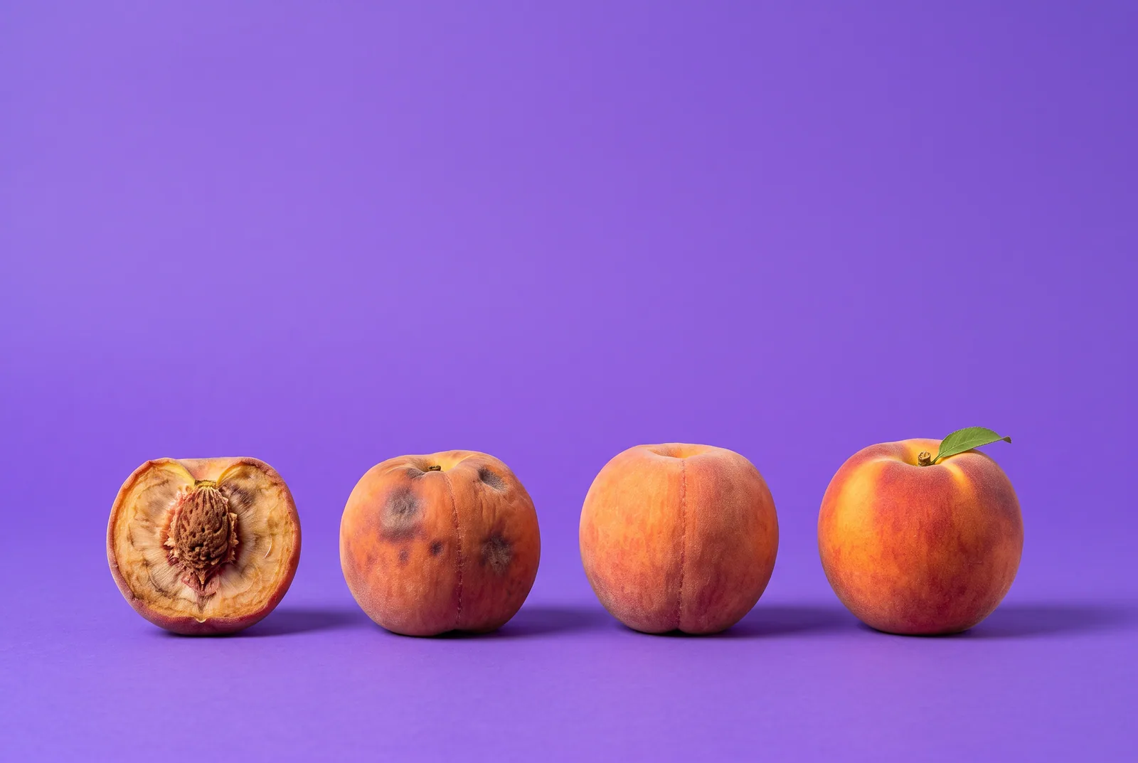 Four peaches from bruised to whole in a row, the stages of healing from betrayal trauma