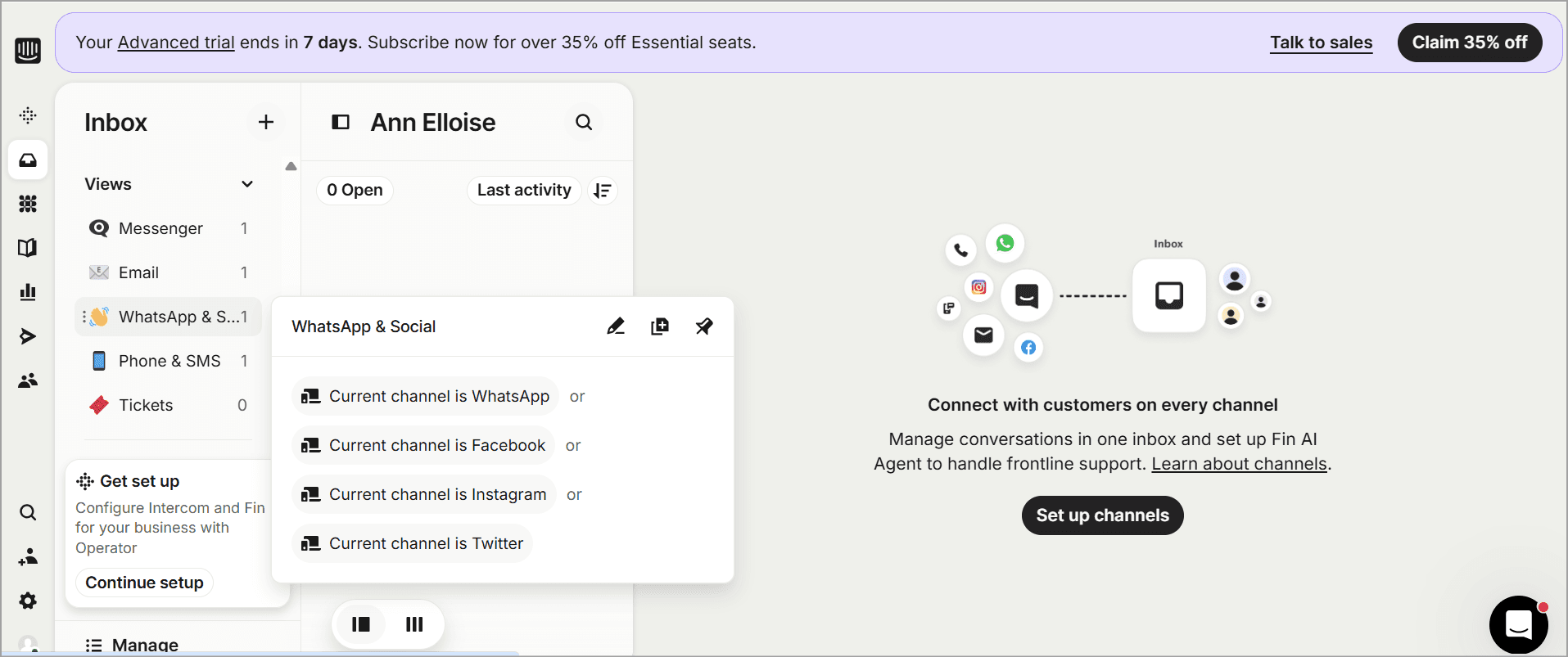 Connect channel with your intercom fin agent