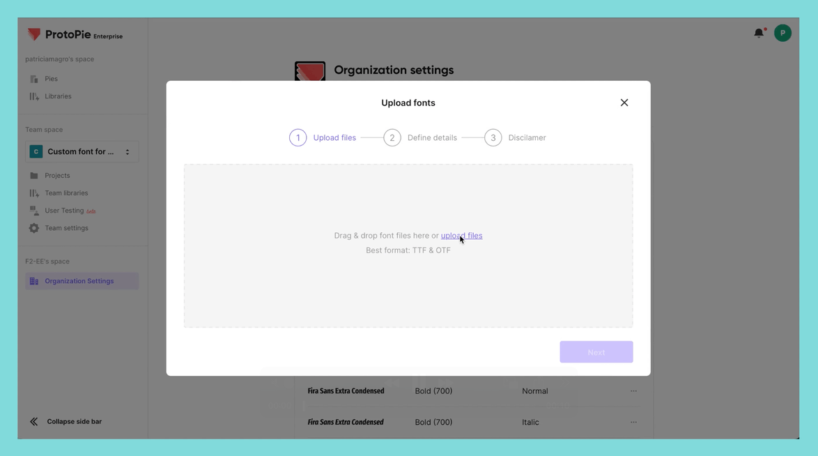 service admin uploading a custom font to ProtoPie Cloud
