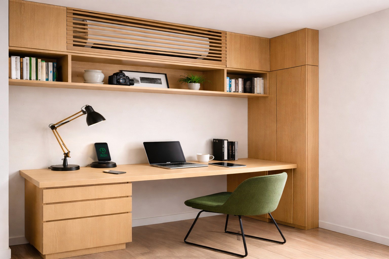 Dezent hinter einer Holzverkleidung in einem maßgefertigten Büroschrank integrierte Klimaanlage für ein „unsichtbares“ Design.