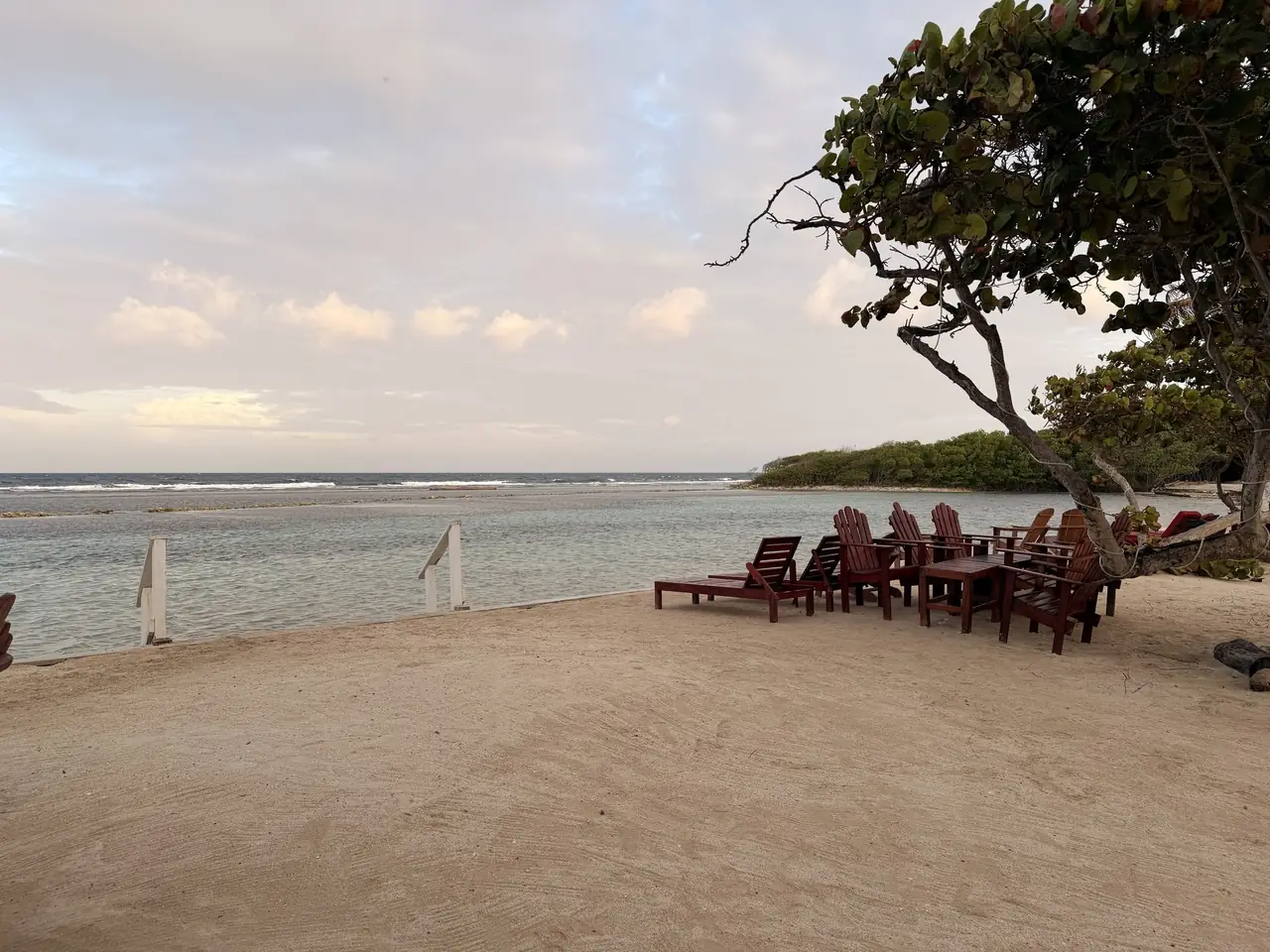 Wooden chairs and loungers under a tree at Curación, with the reef line beyond.