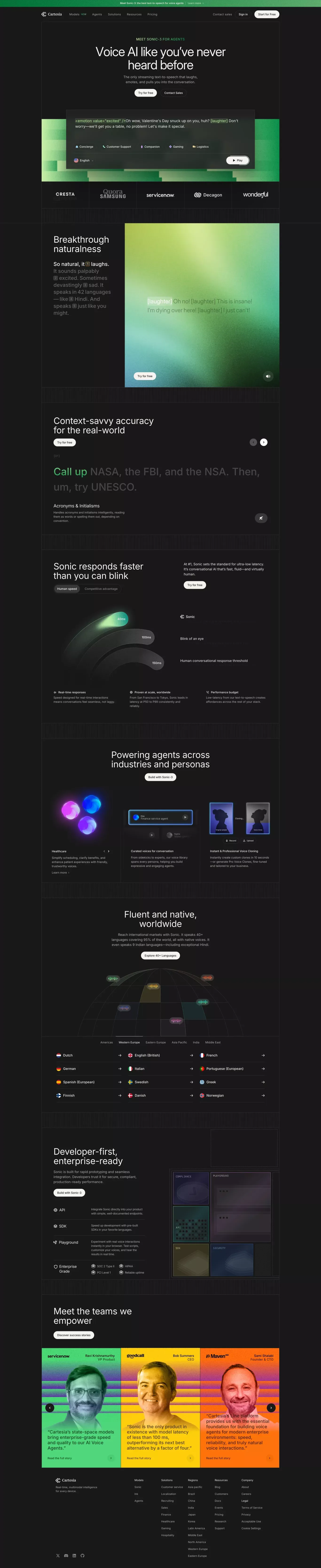 Real-time TTS API with AI laughter and e landing page screenshot showcasing AI and Tech design