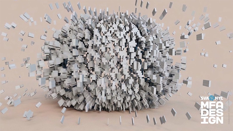A poster showing a 3D computer generated blown egg and the MFA Design SVA NYC logo..