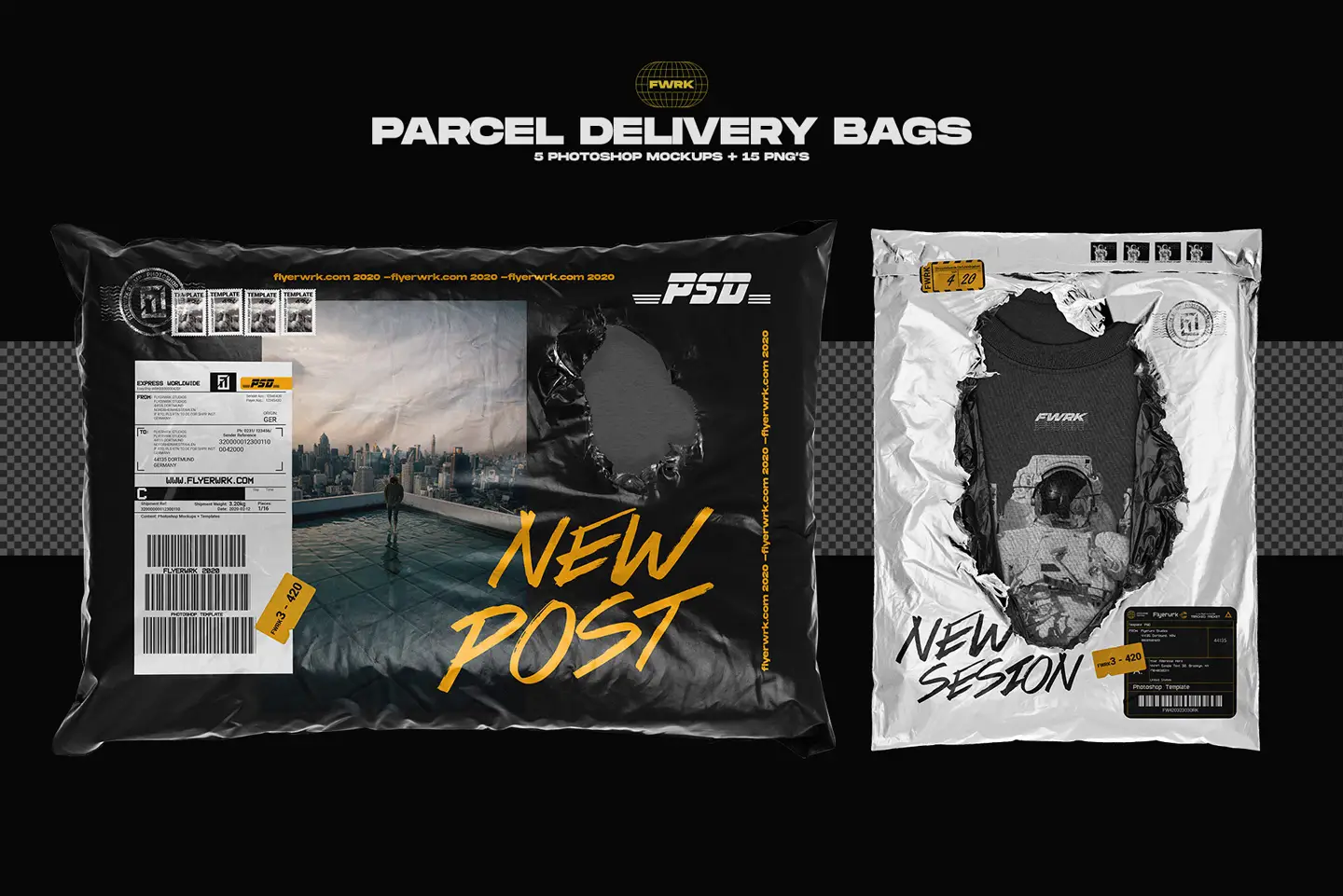 Parcel delivery bag mockups showing black and white shipping bags with labels