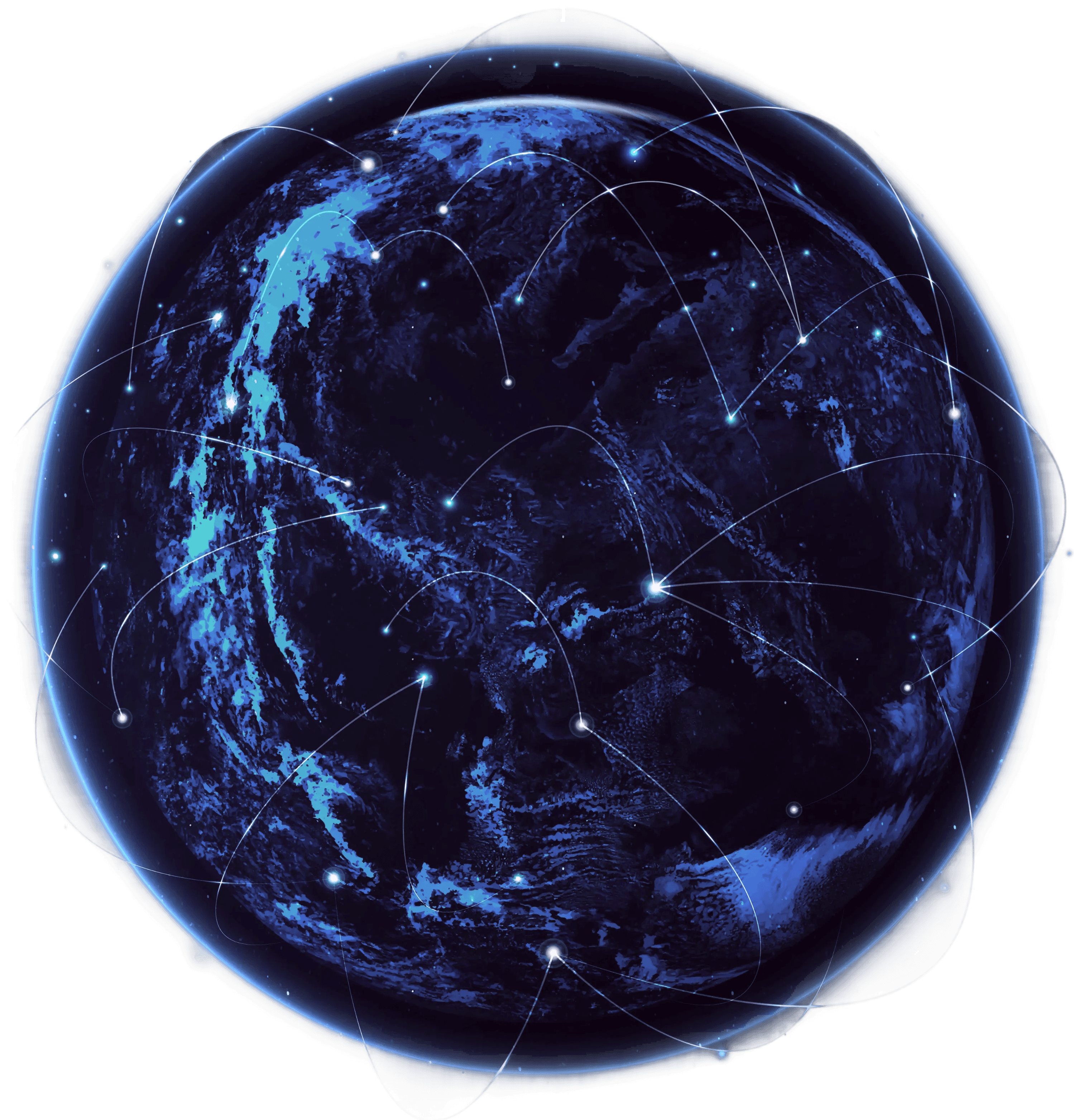 Globe with connected network lines, representing global communication and data transfer, dark blue.