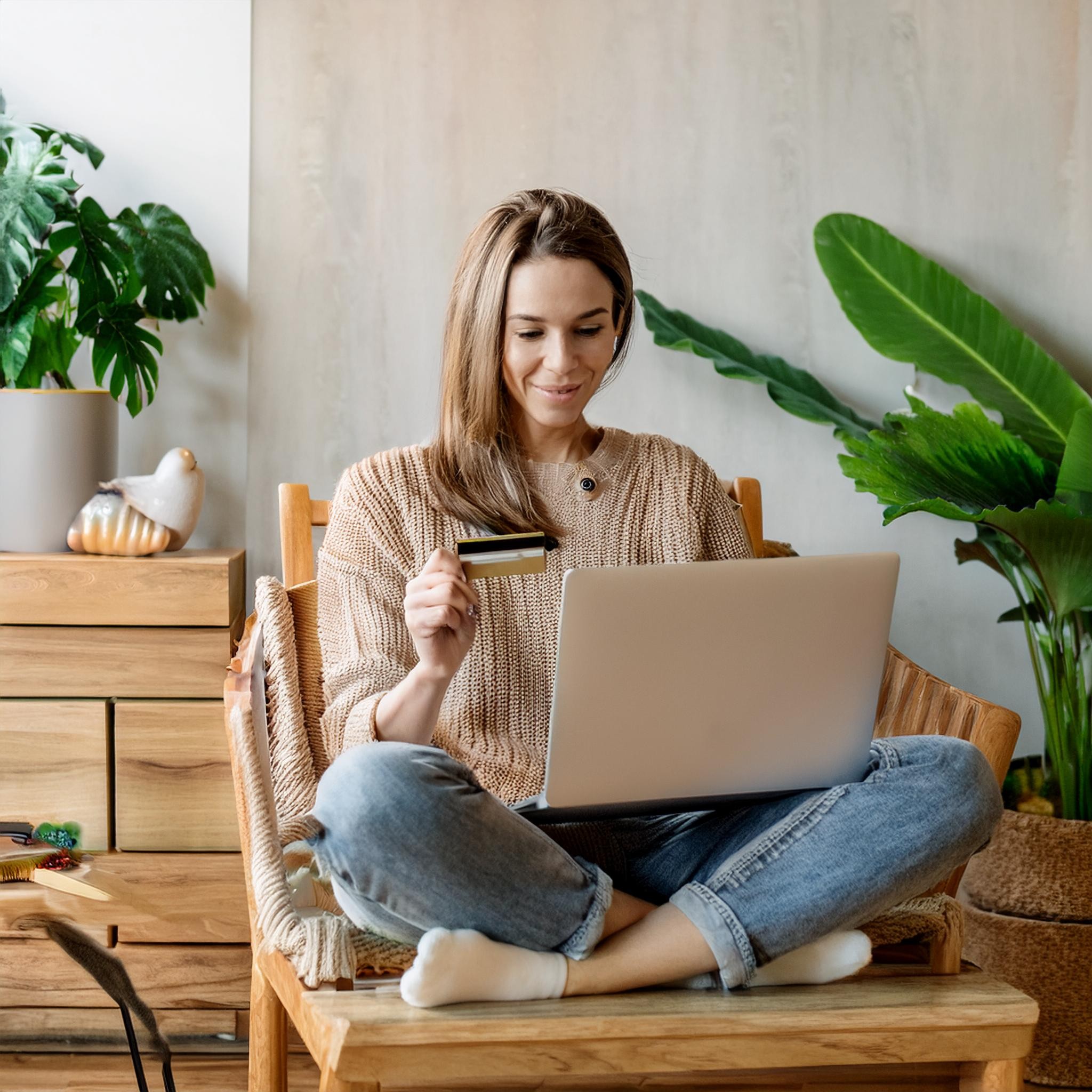 Girl sitting in a wooden chair with a laptop and credit card, smiling in a cozy well-lit room