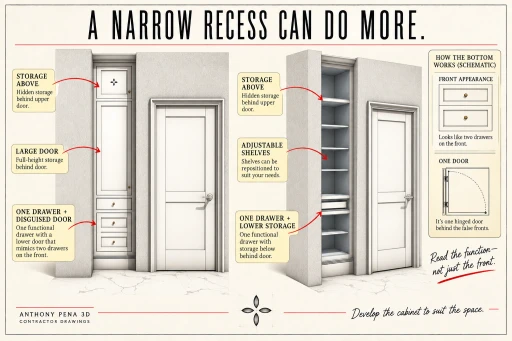 Hall-cabinet cover comparing closed fronts with shelving and a schematic lower hinged door.