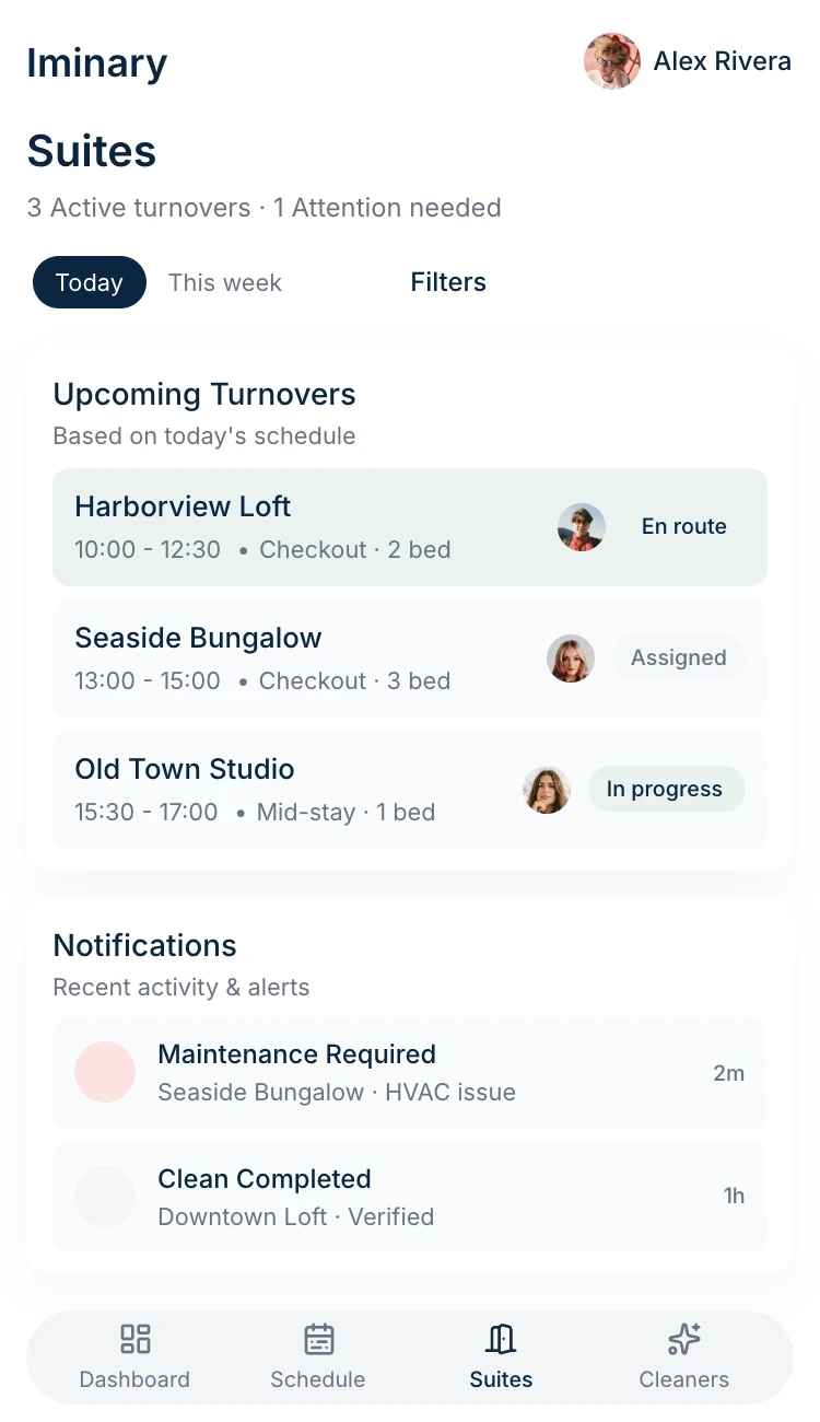minary platform dashboard for Airbnb cleaning automation