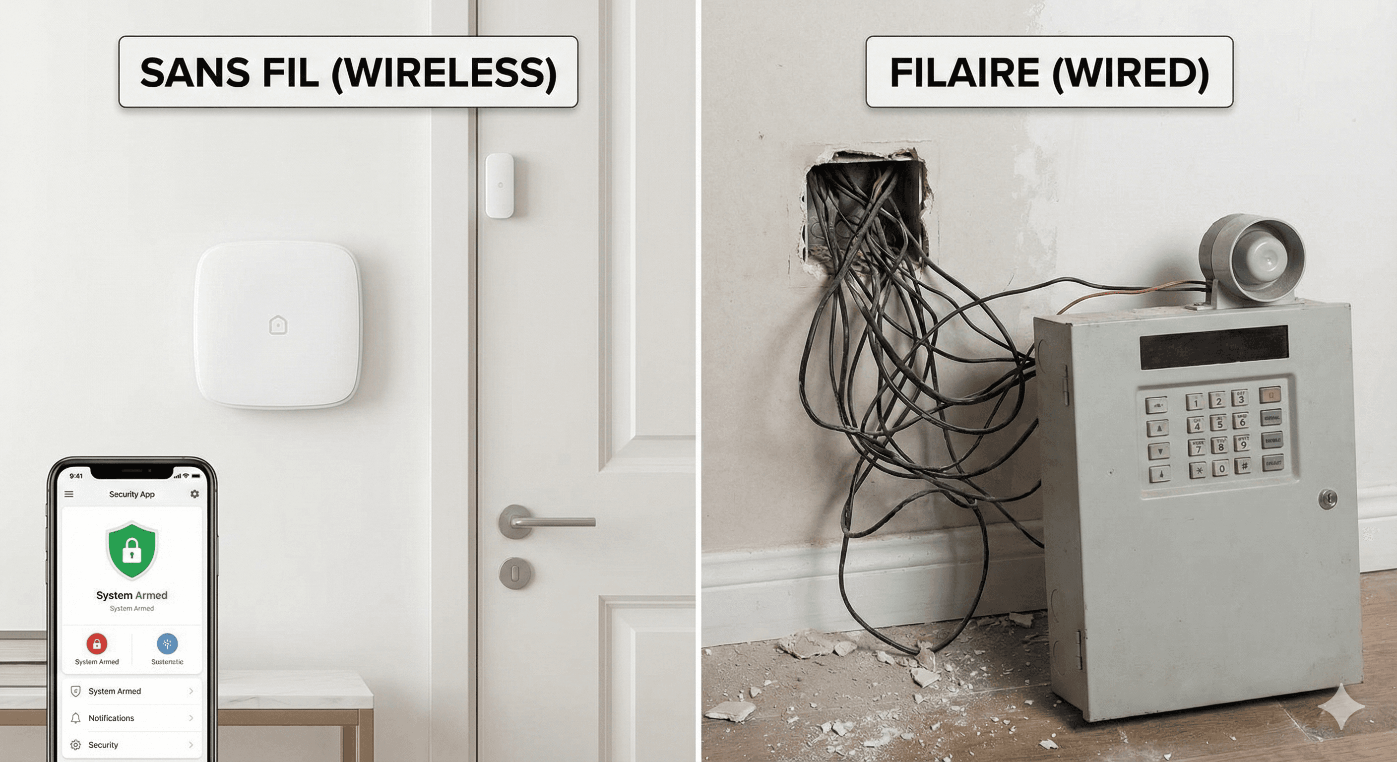 Comparaison installation alarme au Maroc : système sans fil propre à gauche contre vieux système filaire avec dégâts sur le mur à droite.