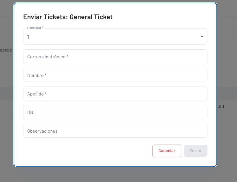sistema para enviar entradas individuales o de forma masiva a sponsors o influencers