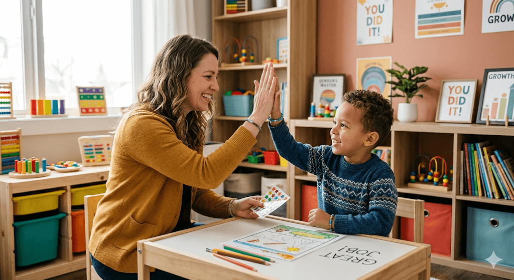 A therapist and a young child sitting at a small table, exchanging a "high-five" or a star sticker after a successful task. The environment is organized and encouraging. Warm tones, capturing a moment of achievement and positive reinforcement.