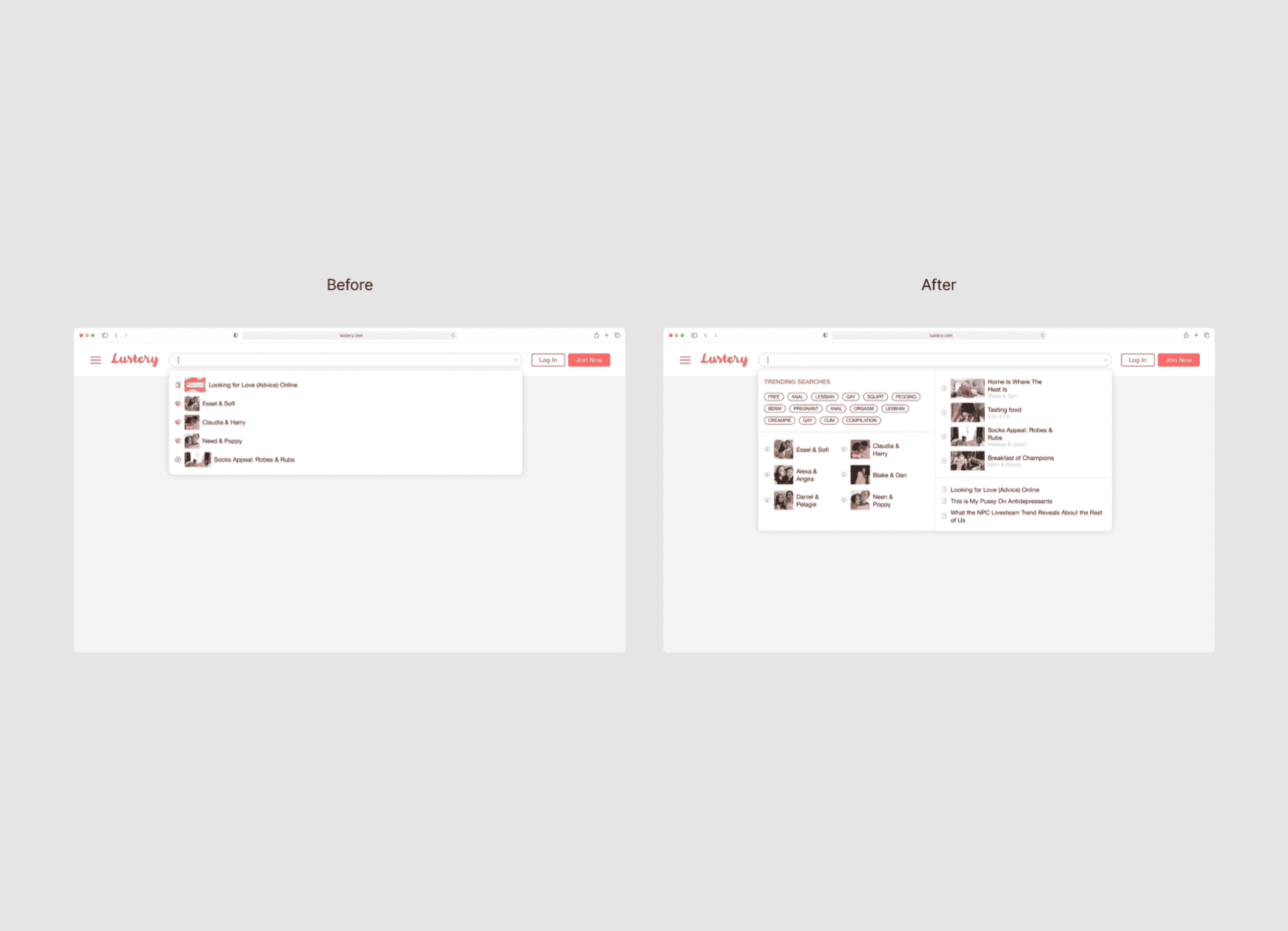 Before and after comparison of Lustery’s global search UI redesign on desktop.