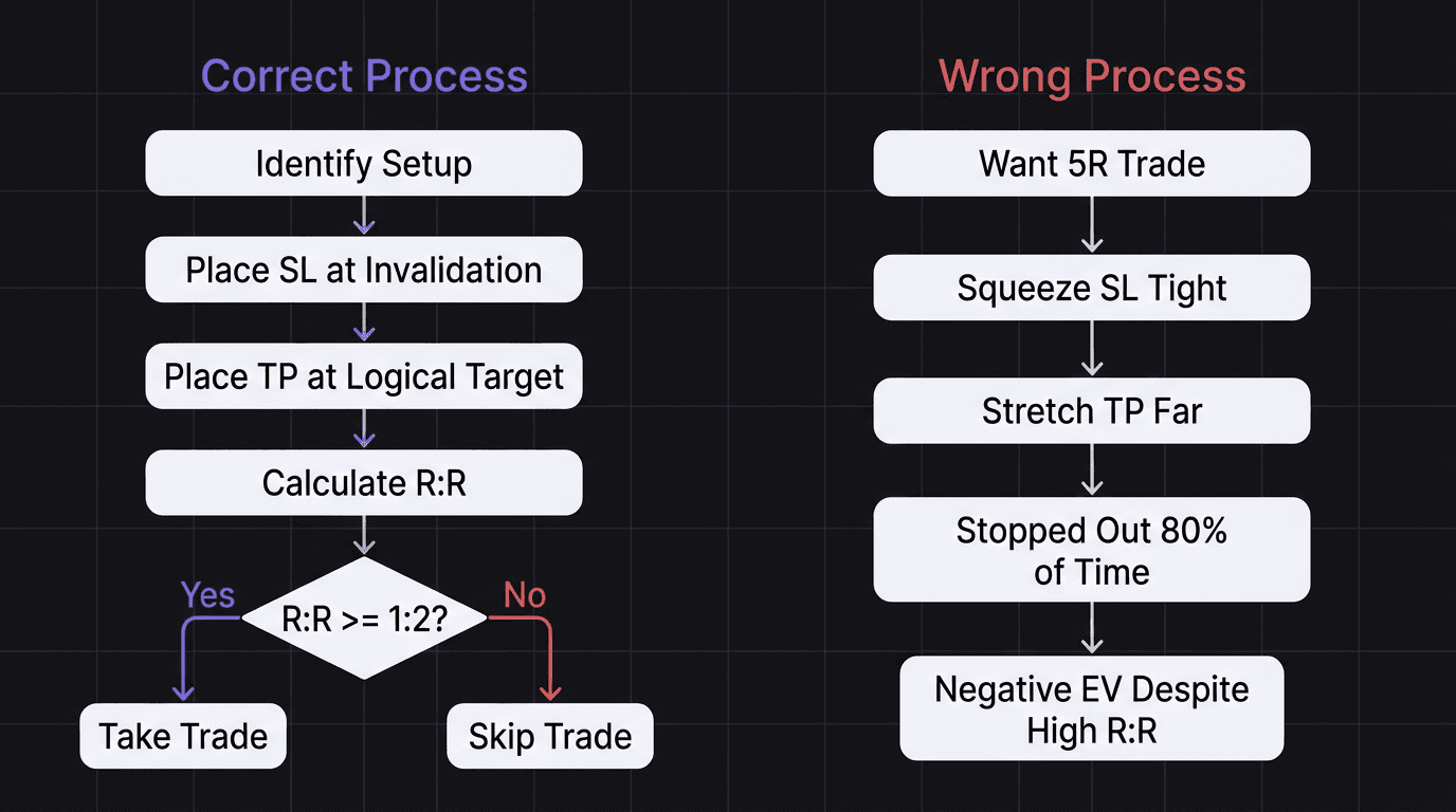 Flowchart showing the correct stop loss placement process versus the wrong approach