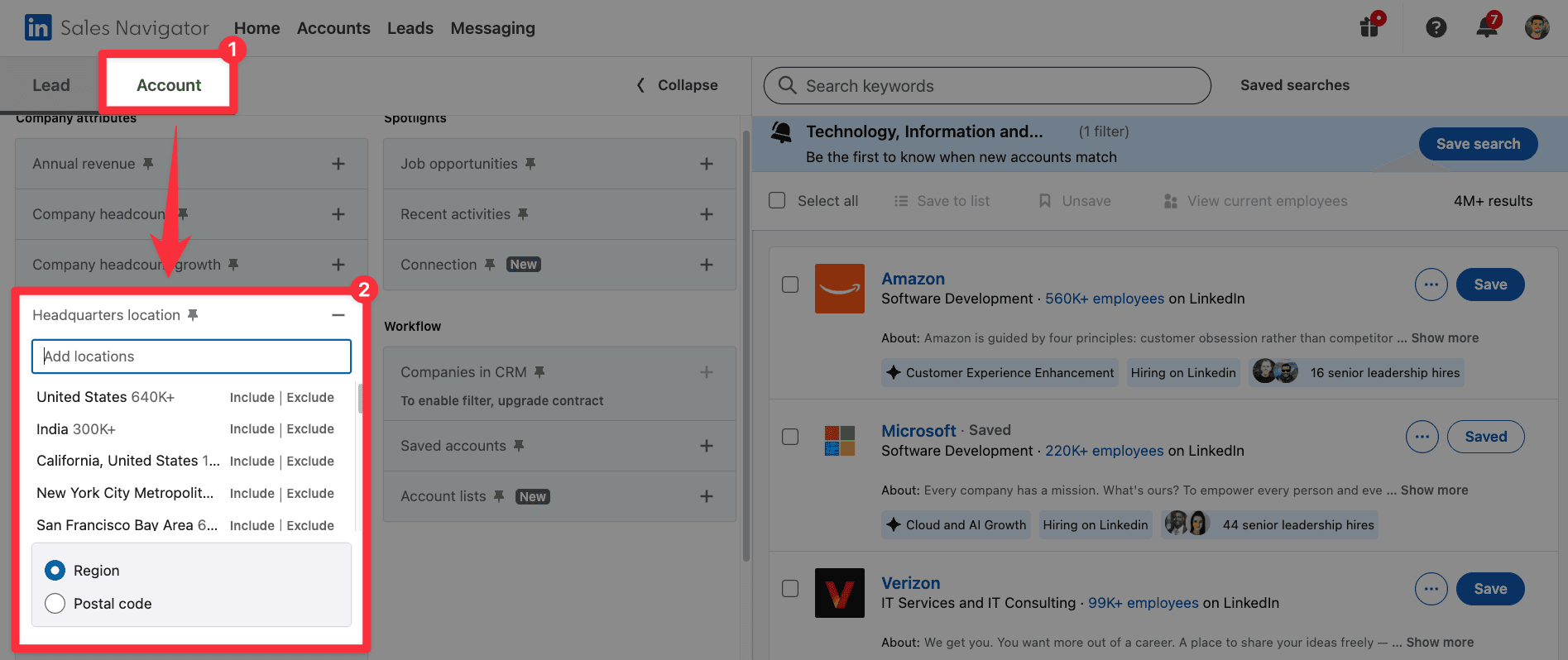 Headquarter location filter on LinkedIn Sales Navigator