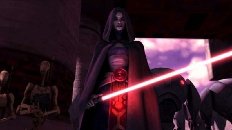 Asajj Ventress holding a red lightsaber