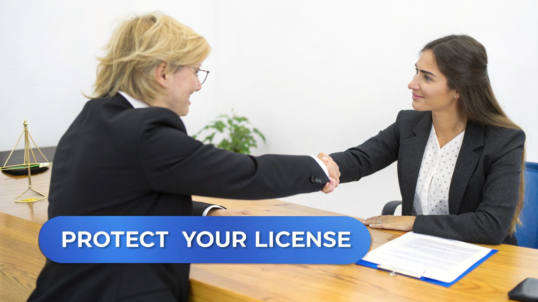 Two professionals shake hands over a desk, a scale of justice nearby, with a 'PROTECT YOUR LICENSE' banner.