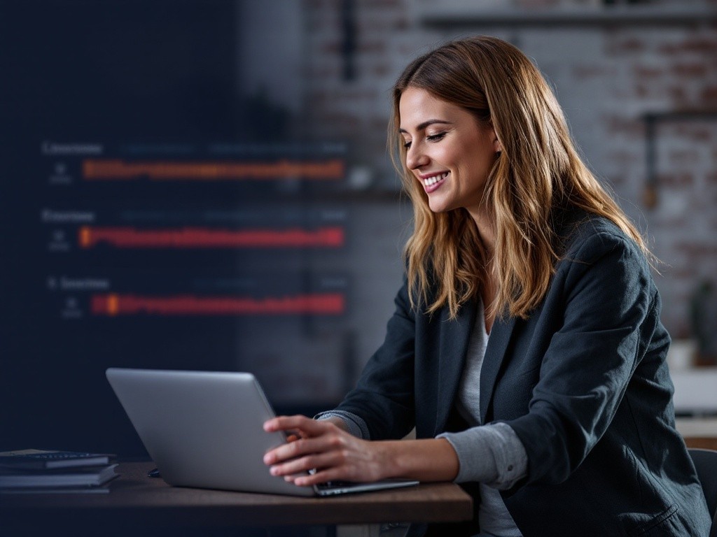 Woman smiling while working on laptop