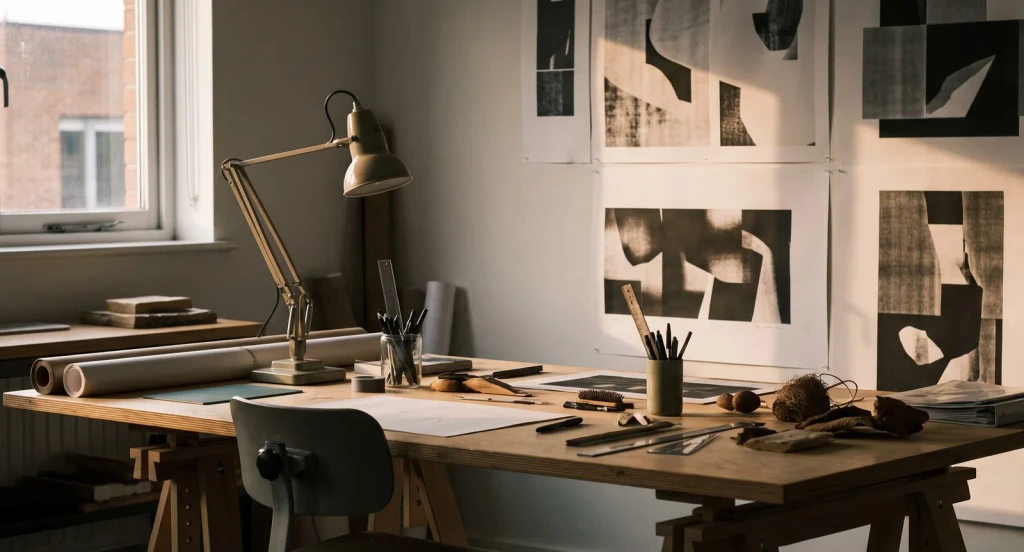 The Blockwork studio at dusk: drafting tables and black-and-white geometric posters on the wall