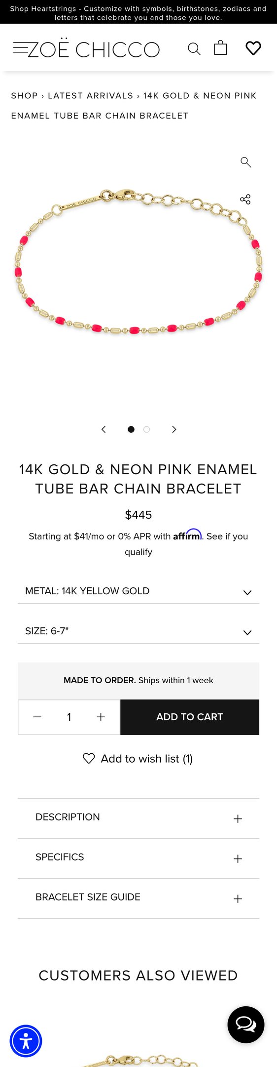 Jewelry product options include: bracelet, chain for 14k Gold & Neon Pink Enamel Tube Bar Chain Bracelet from ZOË CHICCO.