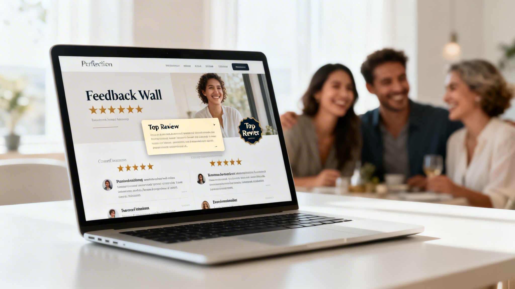 A laptop displaying a customer feedback wall website with a blurred background of friends smiling and dining.