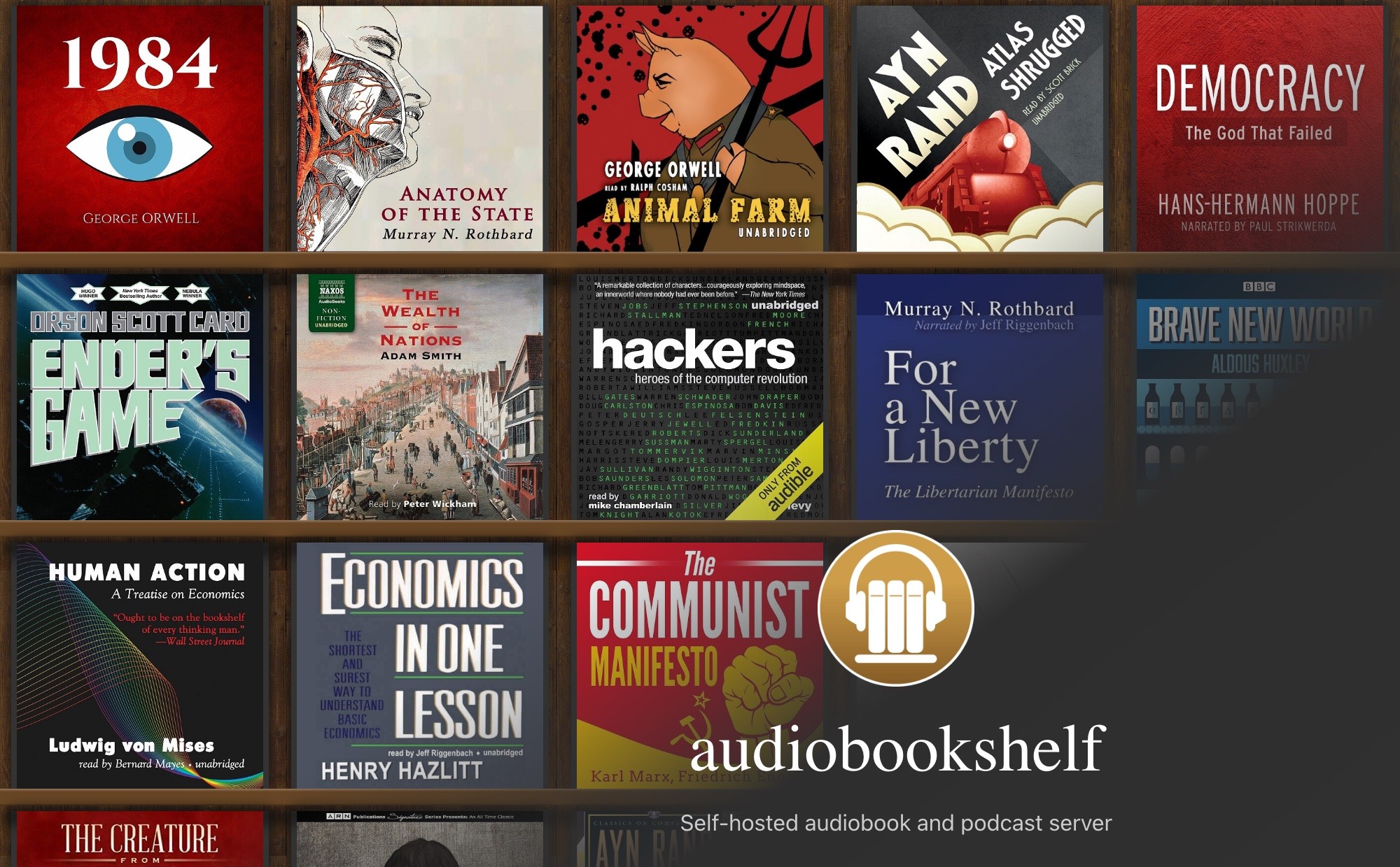 A wall of square audiobook covers on the Audiobookshelf site