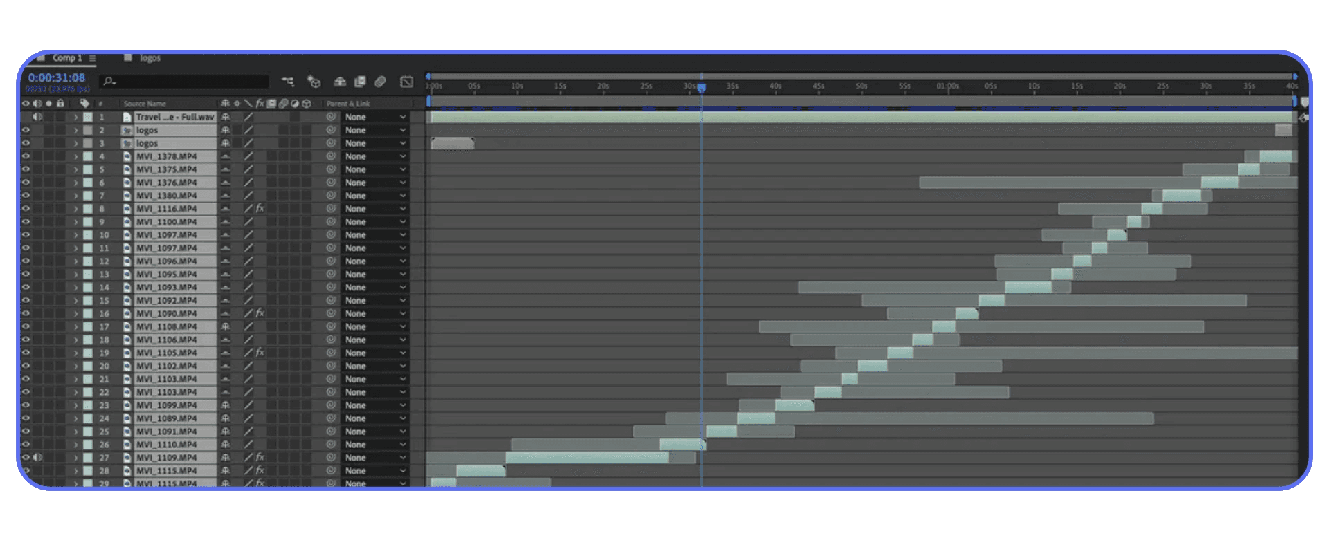 After Effects timeline showing a large number of stacked layers arranged diagonally over time