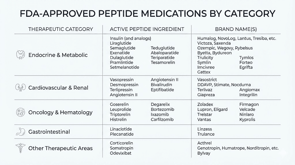 FDA approved peptide medications list by category