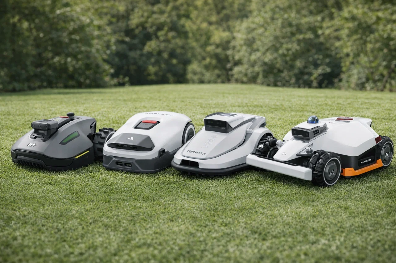 Flere robotplæneklippere står side om side på en græsplæne.