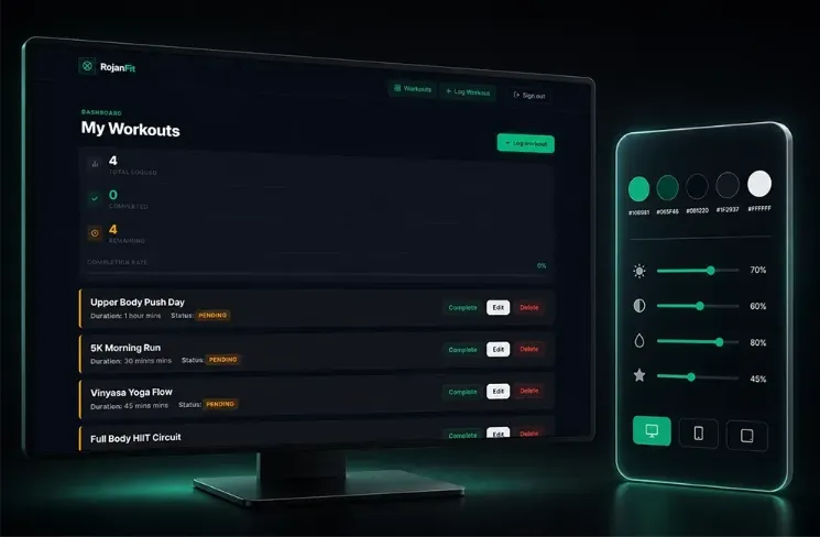 Dark-mode fitness workout tracker dashboard UI designed and developed in Framer
