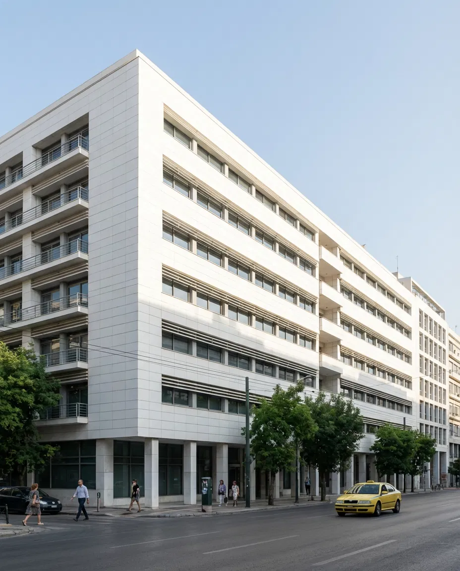 Exterior of the Greek Ministry of Finance building in Athens.
