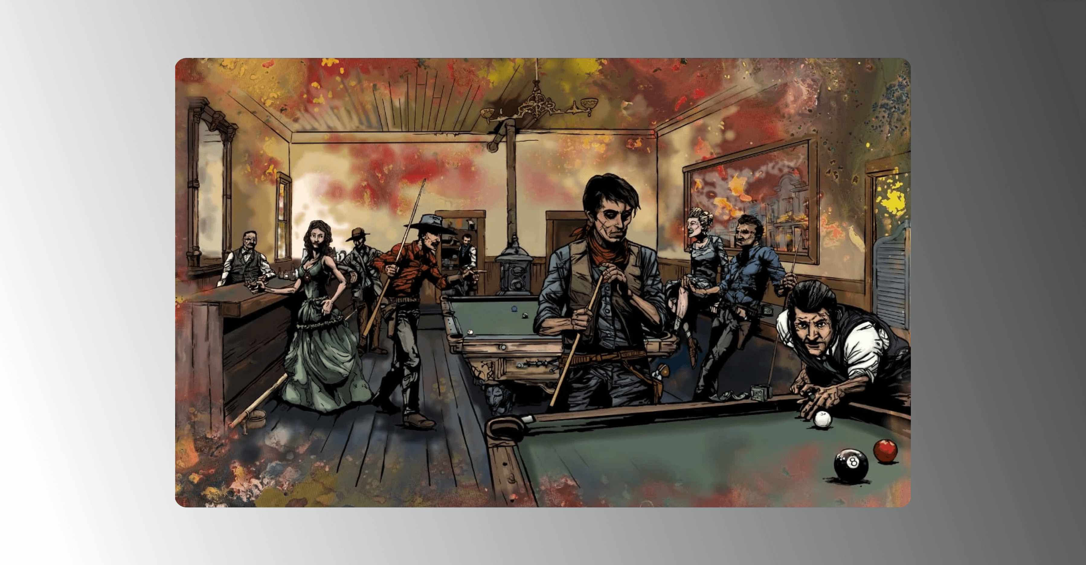 The painting "Pool Hall" where a group of people in old western clothes are playing pool and drinking in a bar. There is cloudy abstract dabs of red and yellow around the border.
