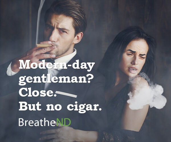 Close. But no cigar. Static ad of man and woman in cloud of smoke.