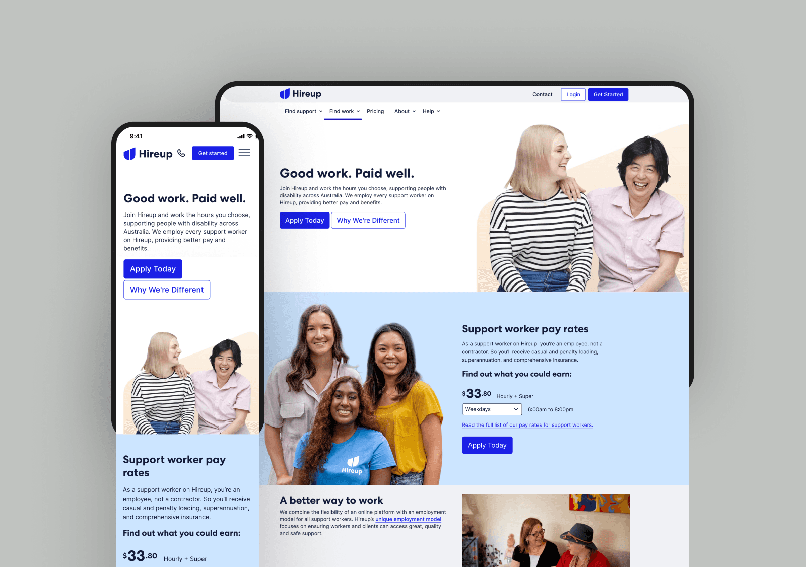 Mobile and desktop screens of Hireup’s homepage redesign
