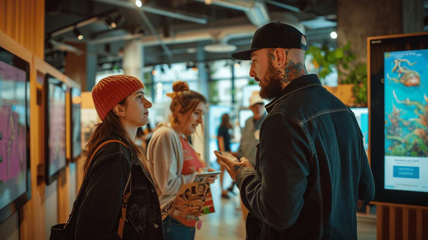 People engaged in conversation in an educational area at the end of the "Down Through the Mind Maze" walkthrough. There are digital displays on the walls, likely containing information related to mental health awareness, as part of an event held by MindsZoo.