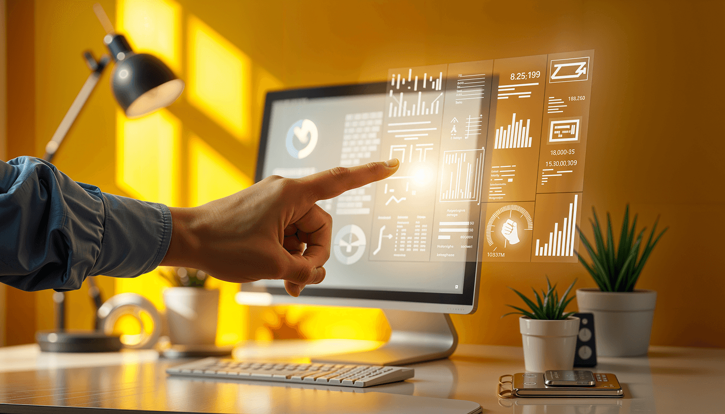 A person's hand interacting with a futuristic digital interface and holographic data dashboard displaying marketing analytics, charts, and graphs in a modern, sunlit office workspace.