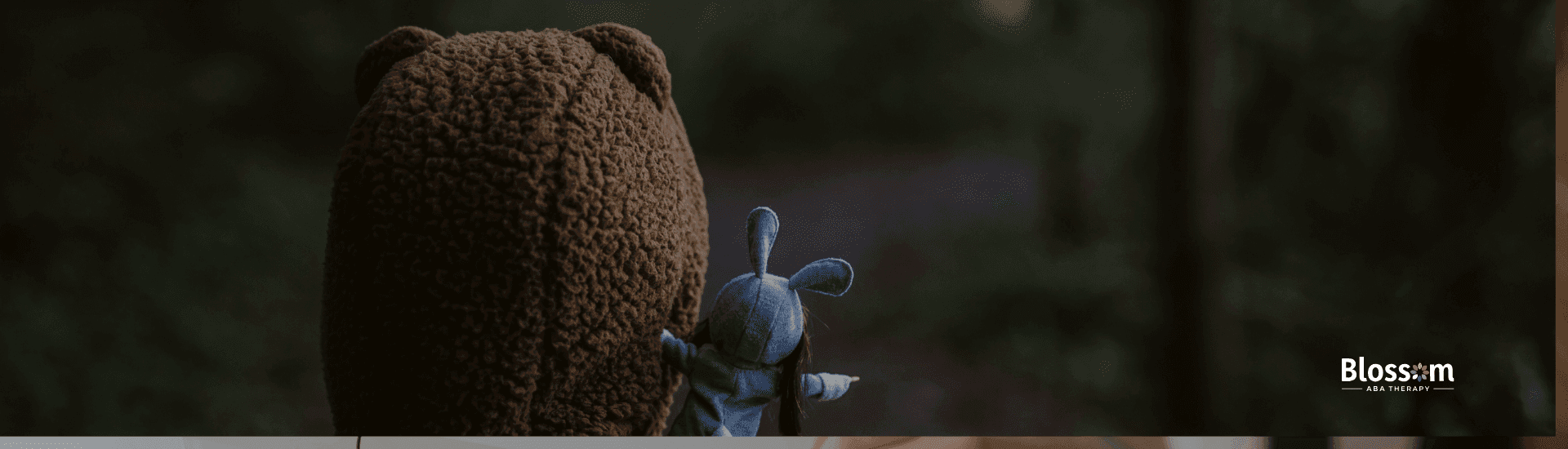 Child wearing a fuzzy brown bear suit walking through a forest path with a small stuffed toy resting on their shoulder.