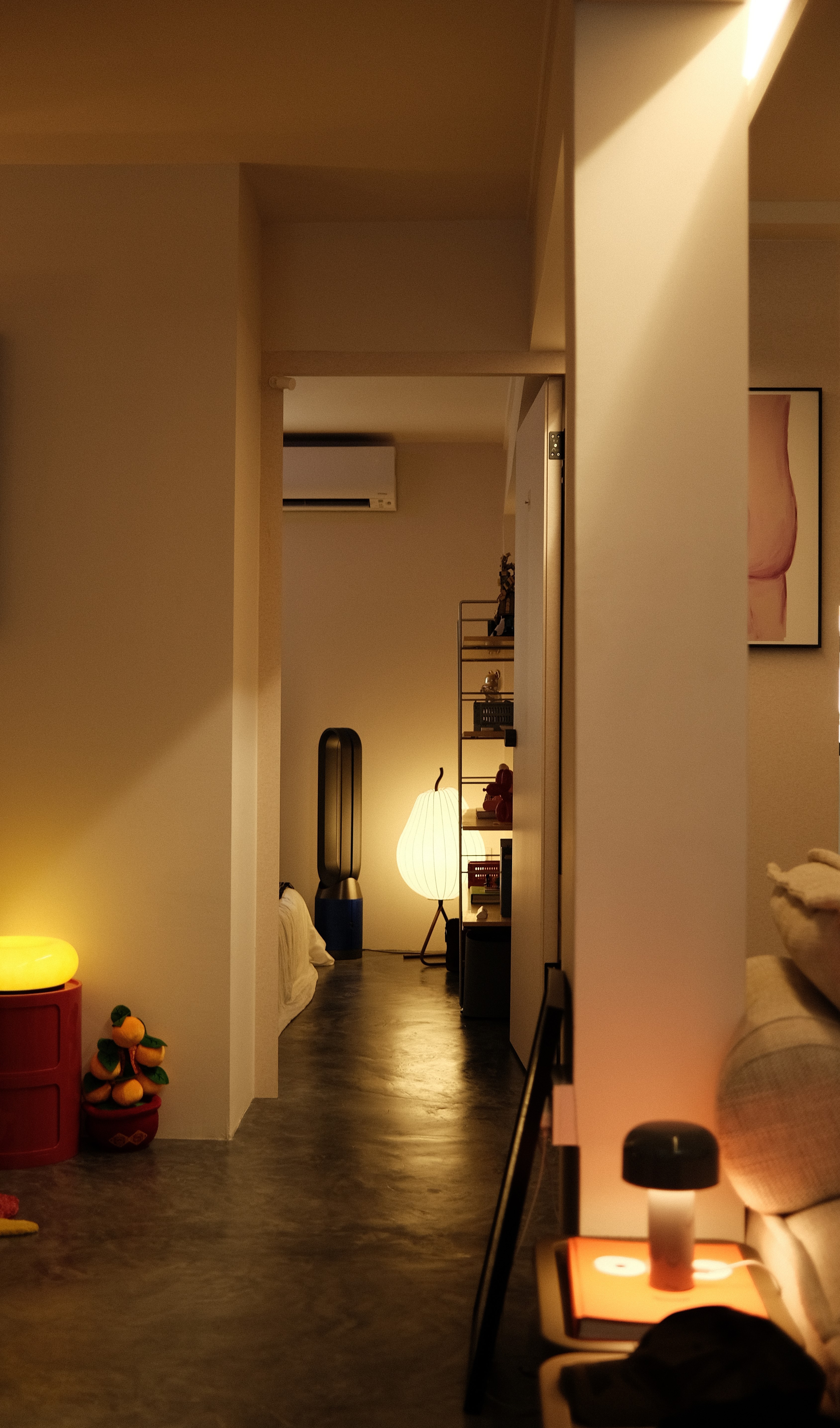 Warm hallway with ambient lighting and built-in shelving, minimalist home renovation by Persqft