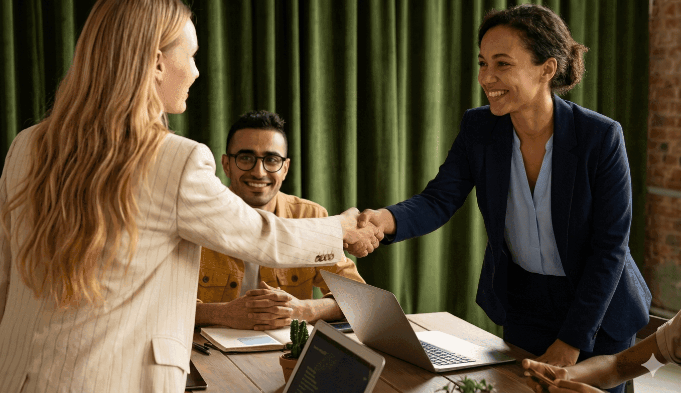 Zwei Frauen geben sich die Hand bei einem Bewerbungsgespräch im Büro, Laptop und Team im Hintergrund