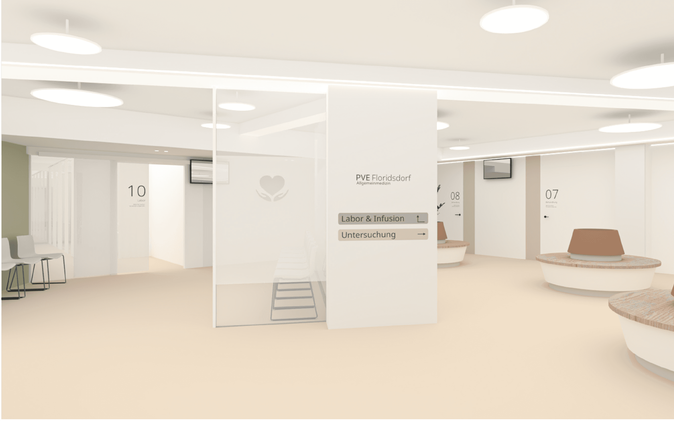 A modern hallway featuring light-colored walls, a potted plant, and a wall-mounted TV.