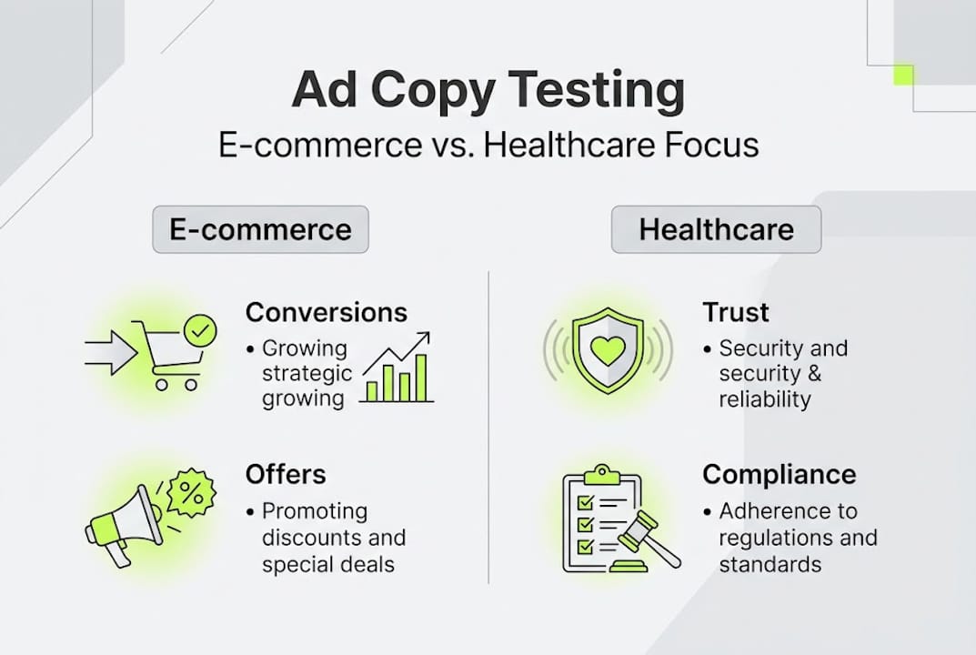 Infographic comparing e-commerce and healthcare ad testing