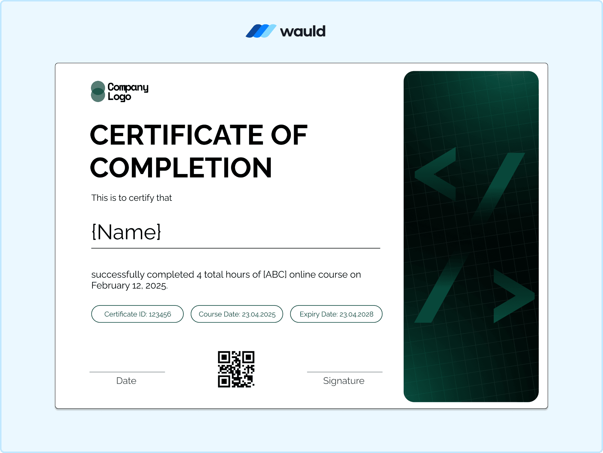 Dark teal certificate of completion template with white chevron graphic