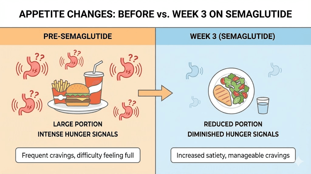 Semaglutide appetite changes comparison pre-treatment versus week three