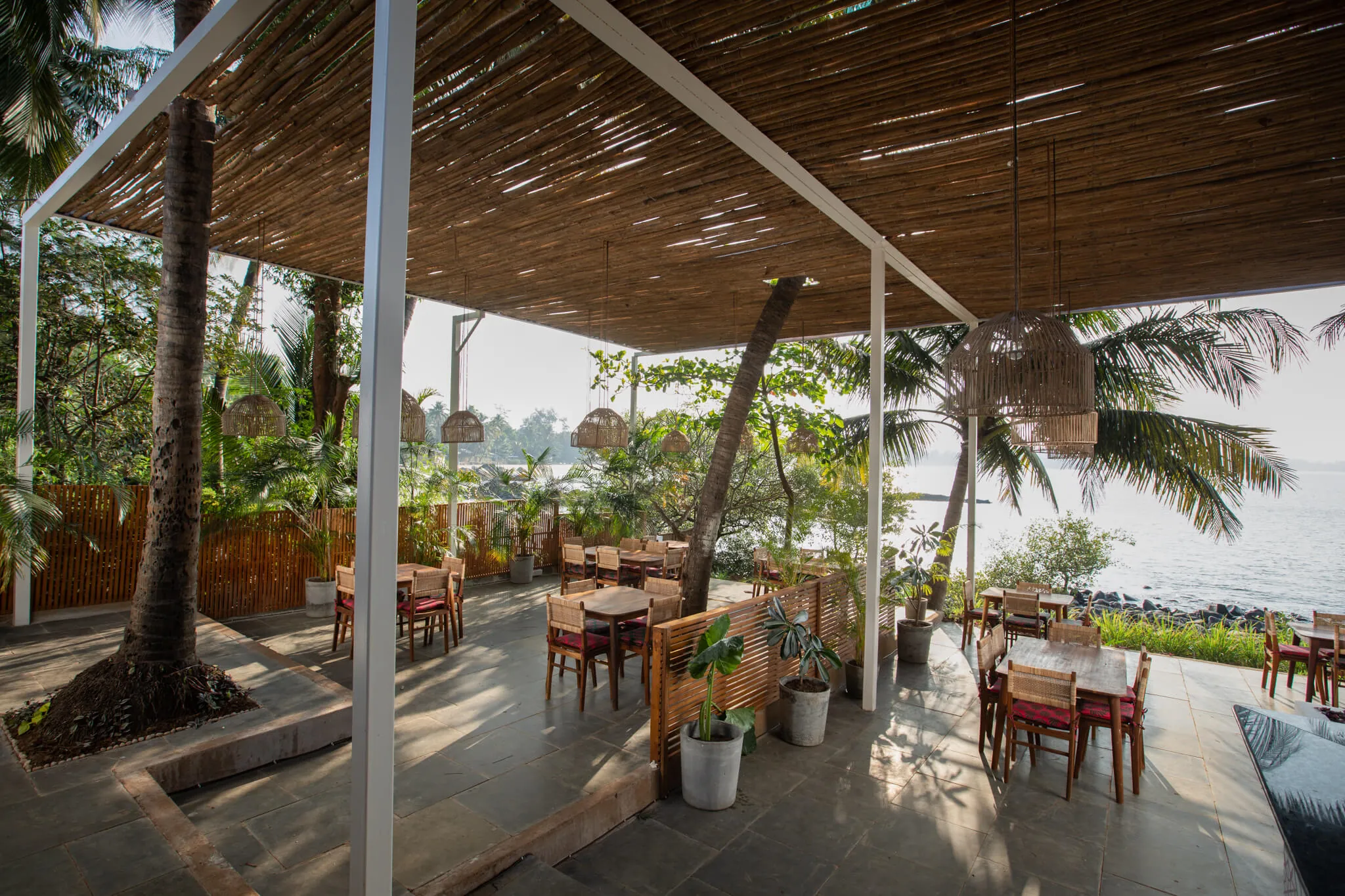 Jaali Kitchen's bamboo-shaded dining terrace on Patnem Bay