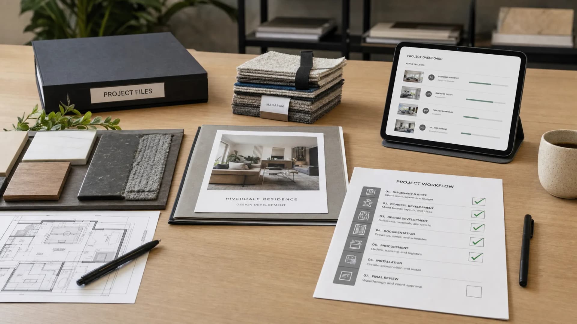 An organized interior design studio table with fabric swatches, finish samples, project folders, floor plans, and a clear workflow checklist showing how a growing design team coordinates projects without clutter.