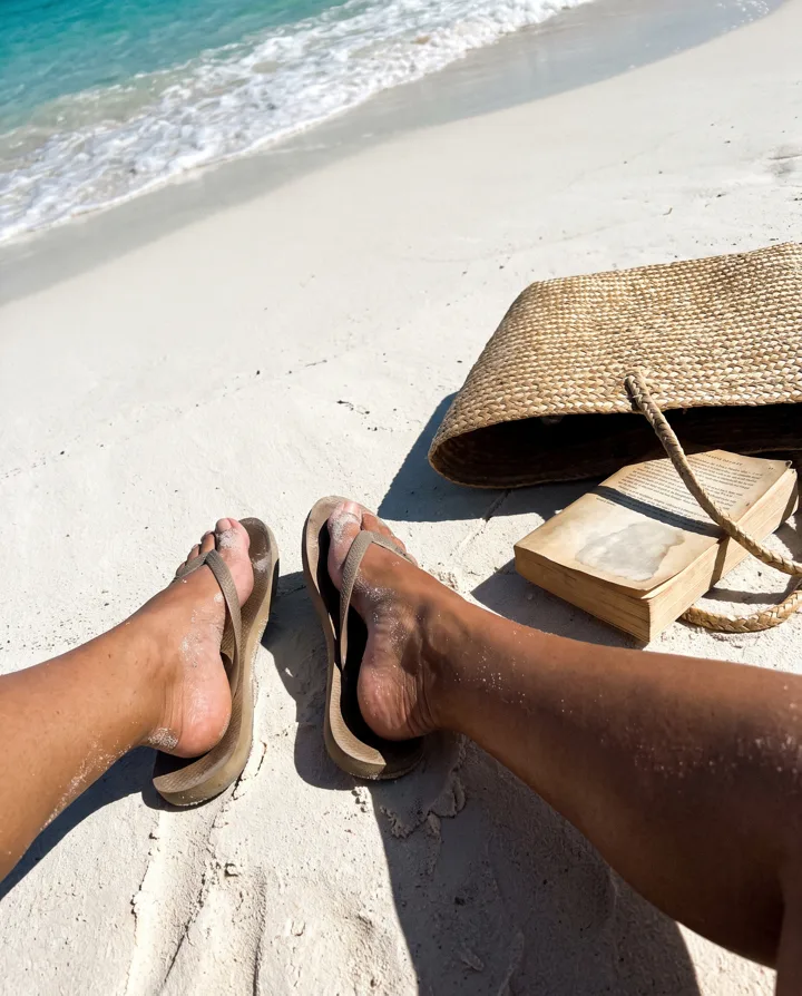 Flip-flops on a white-sand beach