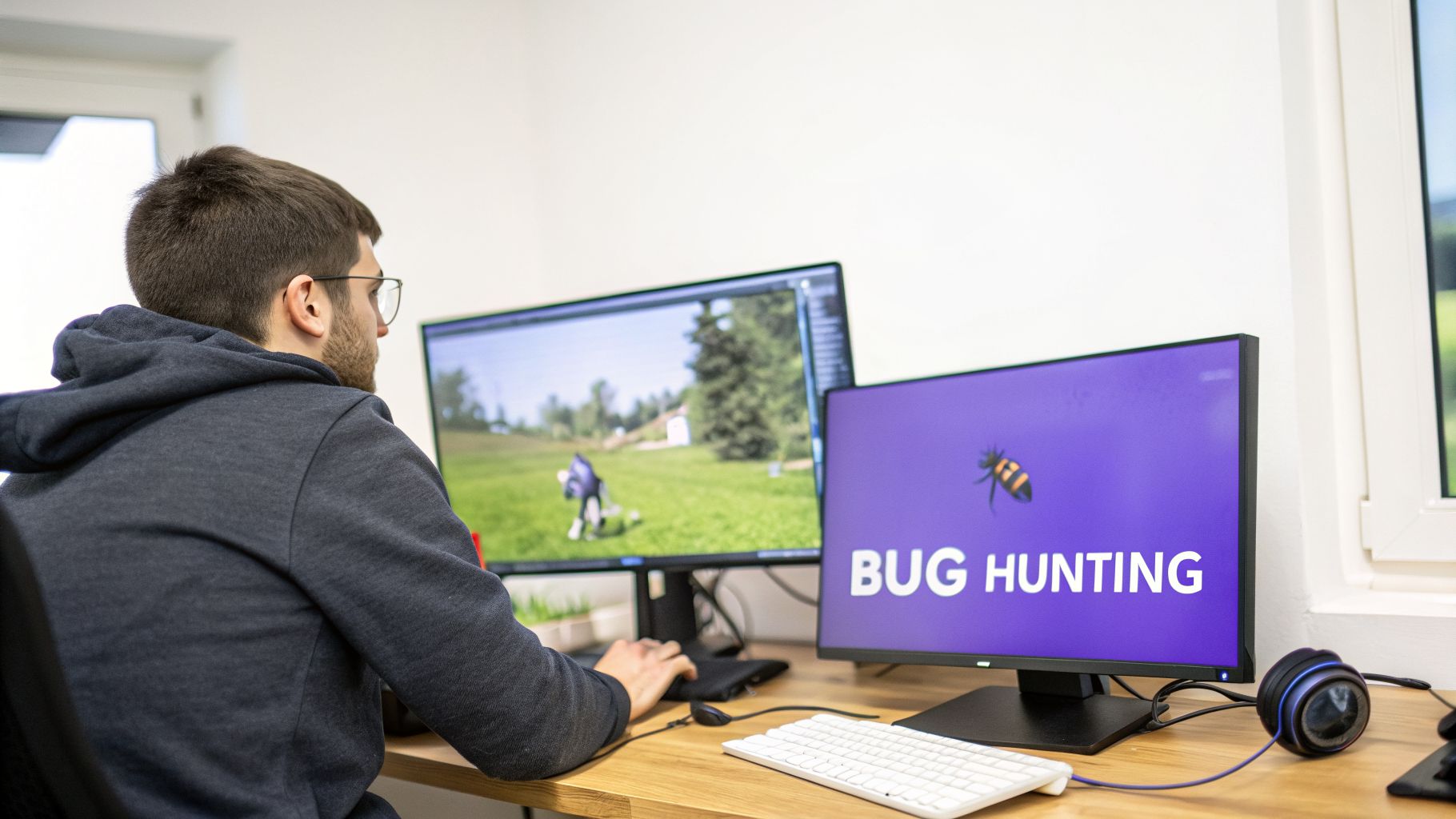A person in a gray hoodie and glasses working on two monitors, one showing 'Bug Hunting'.