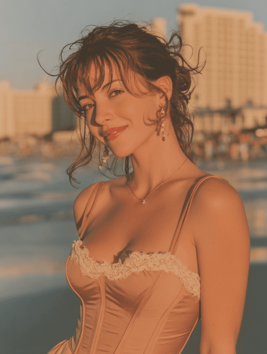 A woman in a satin dress with lace trim smiles gently while standing on a sunlit beach at golden hour, with soft waves and a blurred seaside hotel in the background.