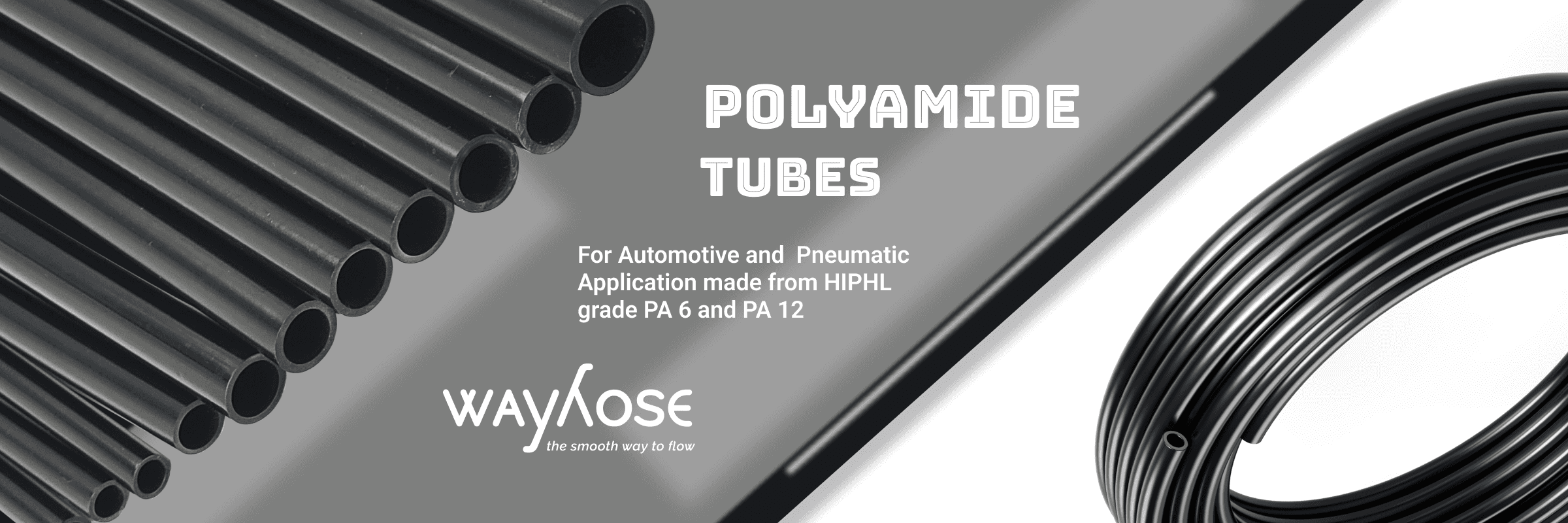 Polyamide tubes shown in all sizes and one coil of black tube