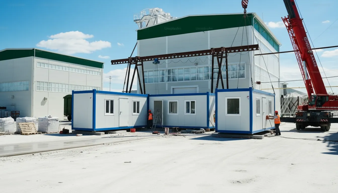 Prefabricated modular units installation using crane for industrial site setup and structural assembly